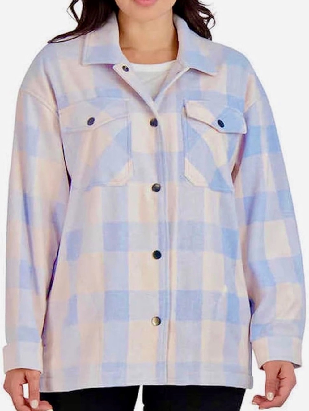 NWT Blue Cream Buffalo Plaid Shacket Oversized Snap Front Shirt Jacket XL
